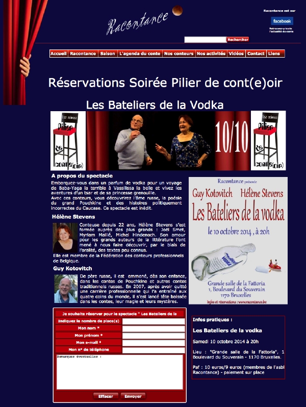 Affiche. Soirées Racontance. Bateliers de la Vodka. Hélène Stevens & Guy Kotovitch. 2014-10-10